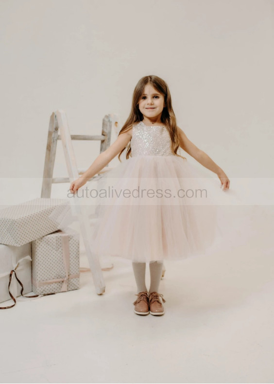 Blush Pink Glitter Lace Tulle Tea Length Flower Girl Dress